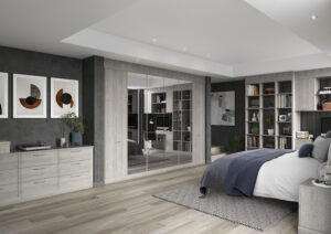 Lindley Nordic grey bedroom with sliding wardrobe doors