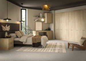 Eaton Casella oak bedroom interior with large wardrobe